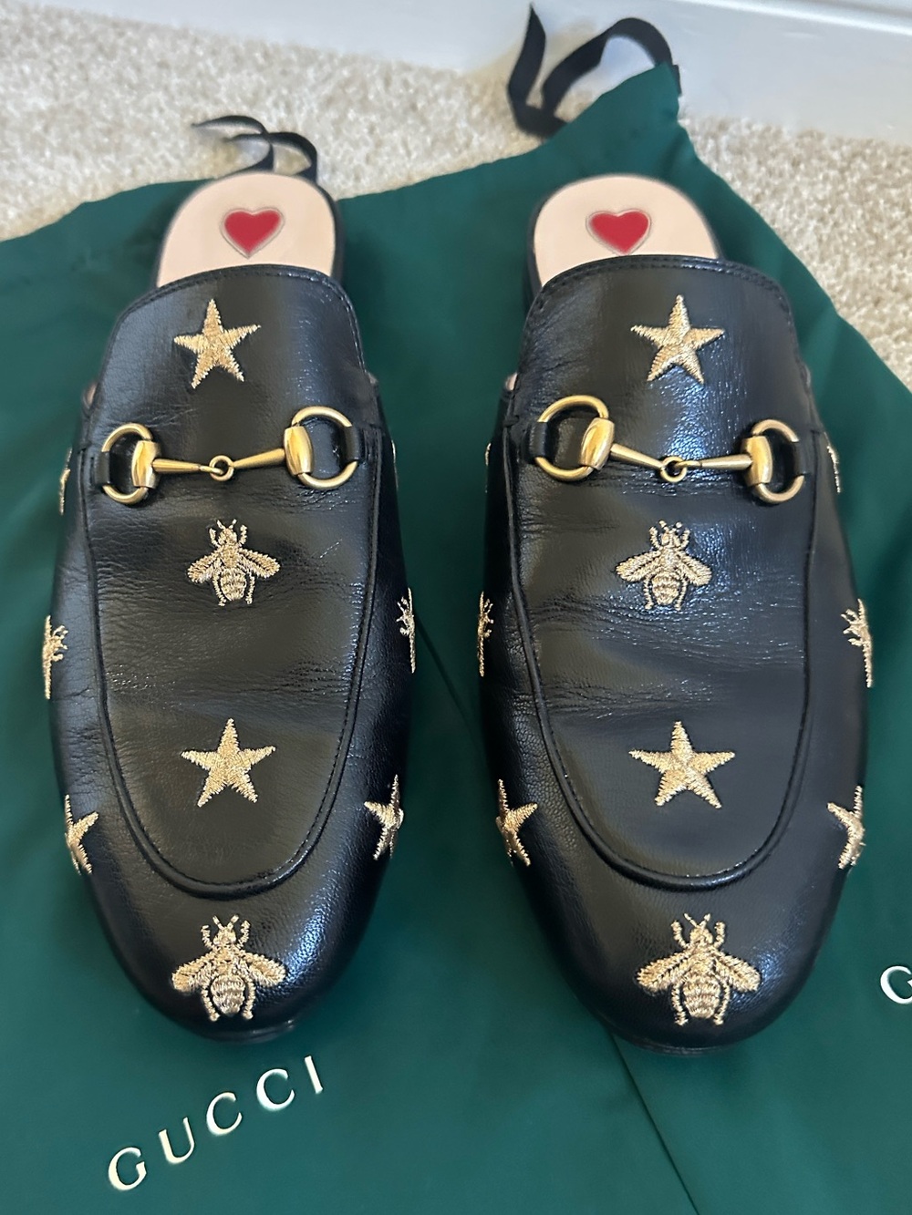 Gucci Black Leather Embroidered Bee & Star Horsebit Mules